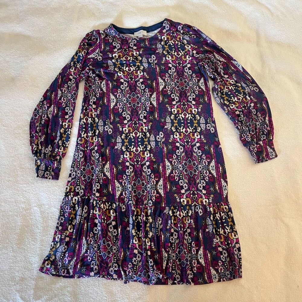 Loft A-Line Dress Tiered Hem, Blue Purple Geometric Floral Pattern, size XS